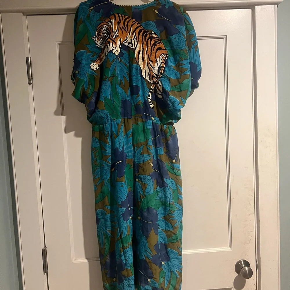 Chasing Unicorns Blue Green Floral Asymmetrical Dress with Tiger Motif